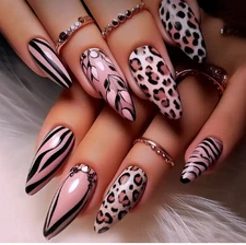 24 Pcs Press-On Nails Long Almond Glossy Dusty Rose Pink w/Animal Print & Leaves