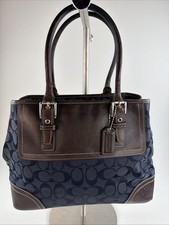 Coach Signature F11220 Tote Bag for Women Navy Brown Leather Canvas With Charm