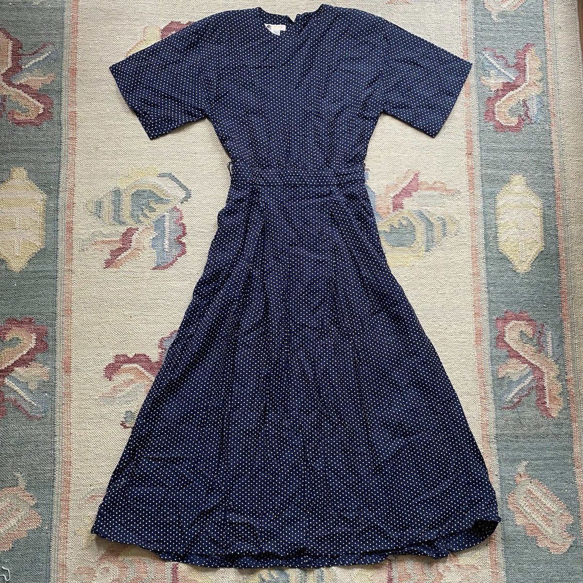 Vintage 80s Brooks Brothers Polka Dot Dress Navy Blue Size 4 Linen Short Sleeve