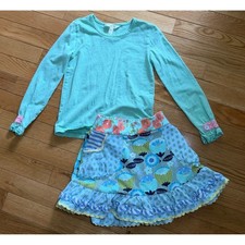 Matilda Jane Girls Size 6 Top and Skirt Set Floral Polka Dot Ruffle Mint Blue