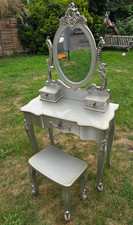 Silver Wooden Mirrored Dressing Make up Table with Stool