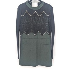 Coquette Dress Womens Large Green Black Lace Pearls Retro Goth Holiday Christmas