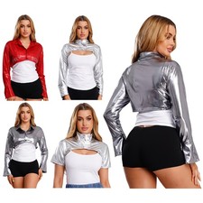 Womens Shiny Dance Top Stand Collar Long/Short Sleeve Jazz Hip-hop Festival Wear