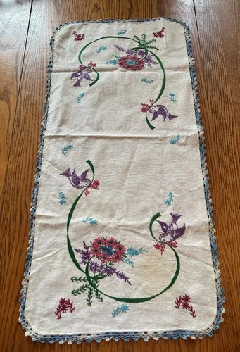 Vintage Hand Embroidered Table Runner Dresser Scarf Flowers & Birds 30 x 14
