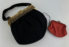 Vintage Evening Bag Purse Black With Mini Coin Bag Clutch Gold Tone Filigree
