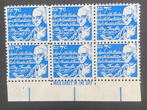 US Stamps, Scott #1393D 7c Franklin 1972 ""Mail Early"" Block von 6 VF/XF M/NH