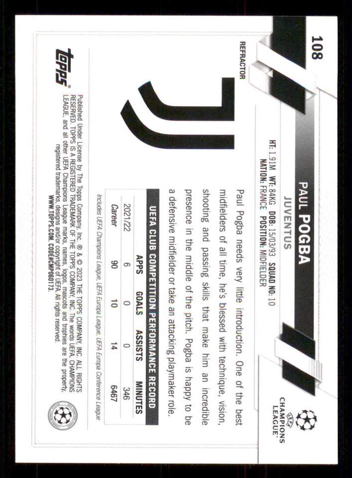 2022-23 Topps Chrome UEFA Club Competitions Refractors #108 Paul Pogba - Image 2 of 2