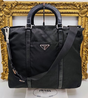 PRADA CITY 2WAY SHOPPER Vintage Reisetasche Nylon und Leder Schwarz Umhängetasche