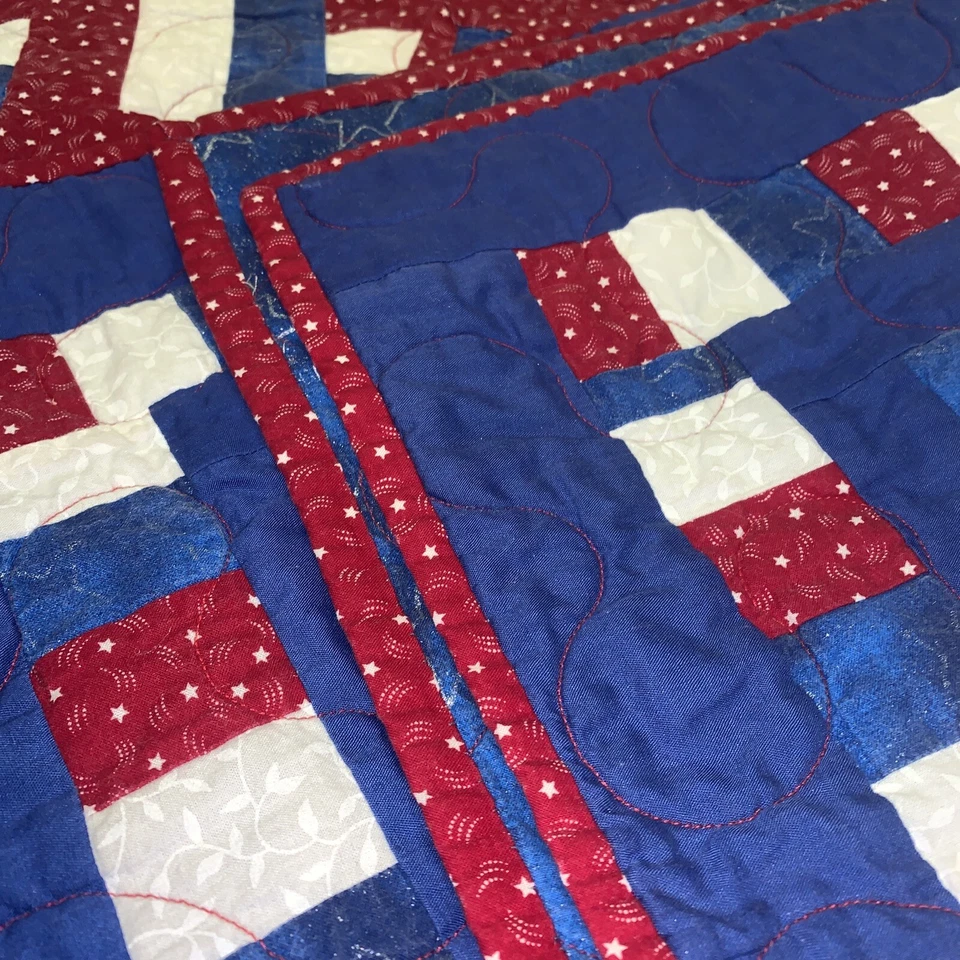 True Handmade Southern  Quilt Fence rail PATTERN Red Blue White 56x 64 Patriotic - Image 4 of 4