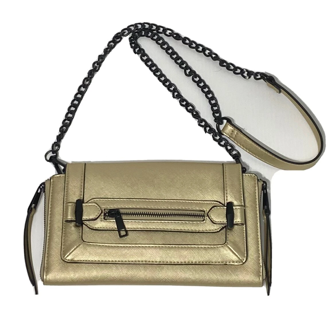 Gianni Bini Gold Clutch with Removable Crossbody Black Chain Purse Bag