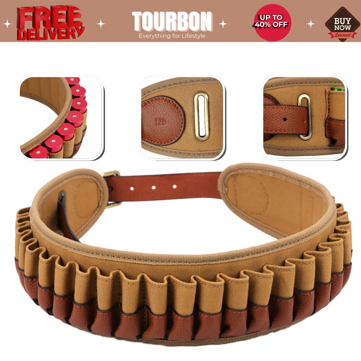 TOURBON Canvas Bandolier Cartridges Belt Shotgun Shell Holder 12GA