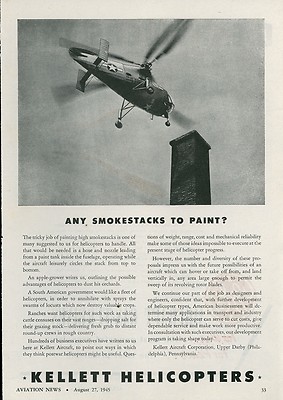 1945 Kellett Helicopter Ad Painting a Smokestack + Other Uses Copter Aviation