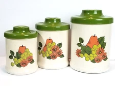 Vintage MCM 70's 3pc Canister Set Fruit Atapco Made In USA Nesting Aluminum