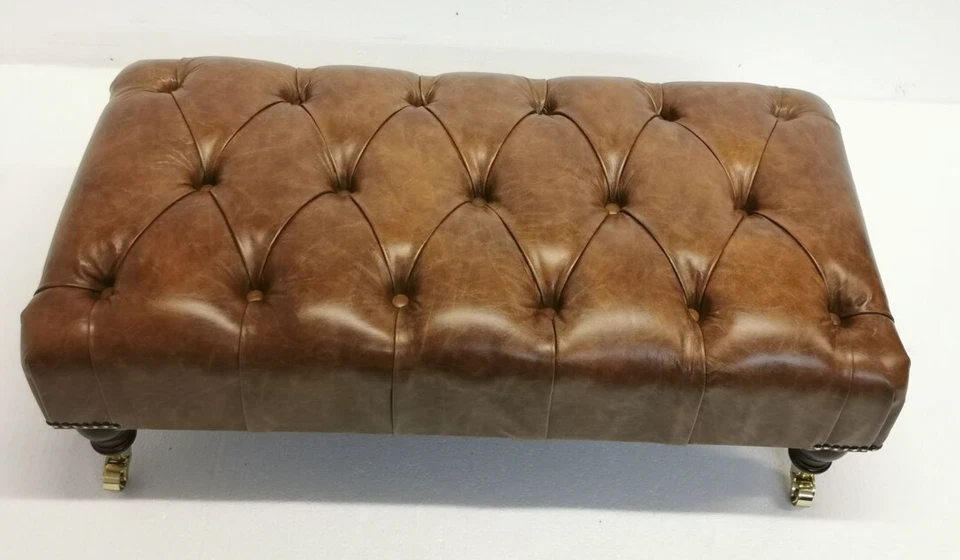 Rectangular Chesterfield Footstool 100% Vintage Tan Leather with Castors - Image 3 of 4