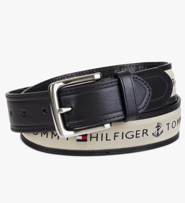 TOMMY HILFIGER MEN'S BEIGE RIBBON INLAY FABRIC BELT SINGLE PRONG BUCKLE  Size 30