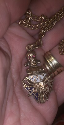 Odd Fellows FOB Skull XBones Watch 12KGF Chain Ruby Eyes Antique Hard To Find