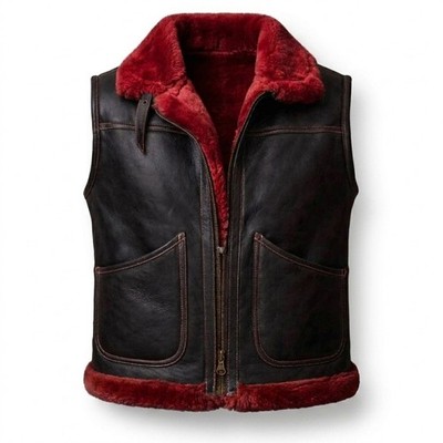 B3 RAF Brown Aviator Vest - Real Sheepskin Leather Bomber Shearling  Vest Style.