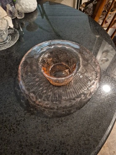 Vintage Pink Depression Glass Console Bowl Rolled Edge 14" Etched Floral Design