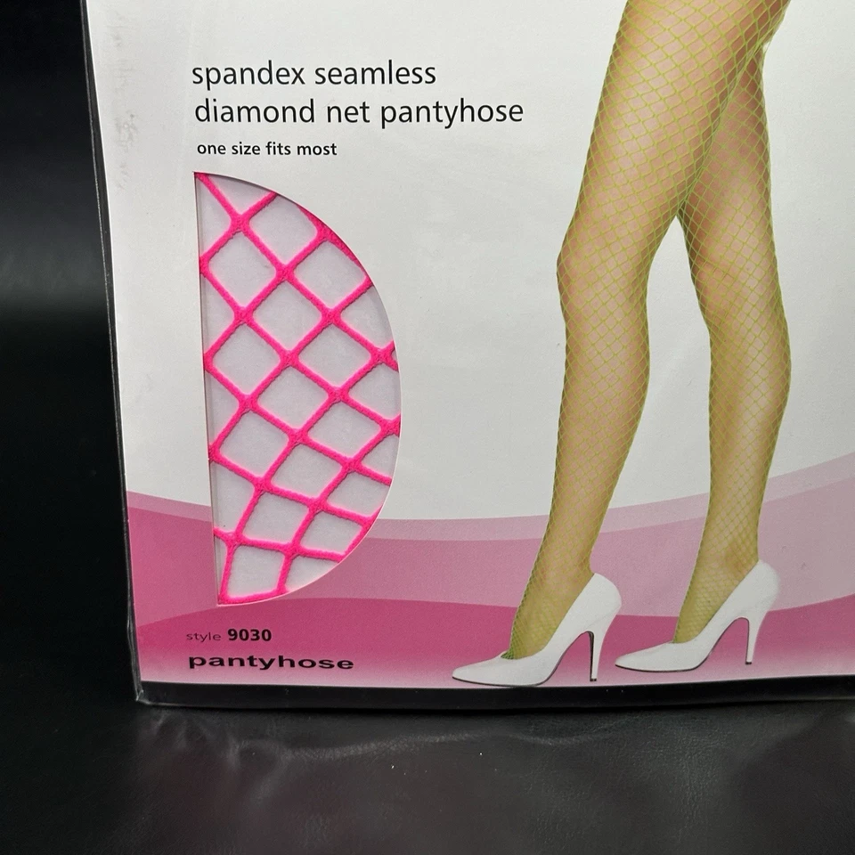 Meia-calça Fishnet rosa neon tamanho único rede diamante fantasia festival Halloween - Imagem 2 de 4