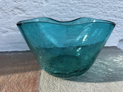 Mid Century Blenko Art Glass Schale Türkis Crackle Glas Vintage Vase Deko