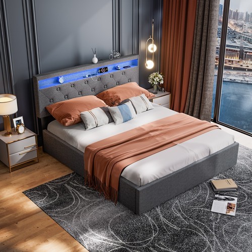 RGB-LED Polsterbett Doppelbett 160x200 mit Ladestation Stauraumbett Bettgestell - Bild 16 von 21