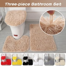 3x Bathroom Set Rug Contour Mat Toilet Lid Cover Solid Plush Warm Soft Bathmats