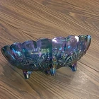Vintage "Harvest" Blue Iridescent Carnival Glass Oval Footed Center Bowl CUTE!