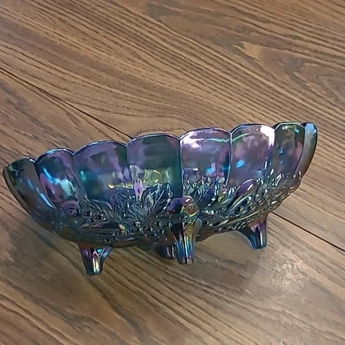 Vintage "Harvest" Blue Iridescent Carnival Glass Oval Footed Center Bowl CUTE!