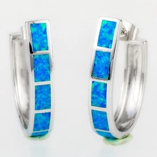 Large Semicircle Ocean Blue Fire Opal Silver Jewelry Hoop Earrings