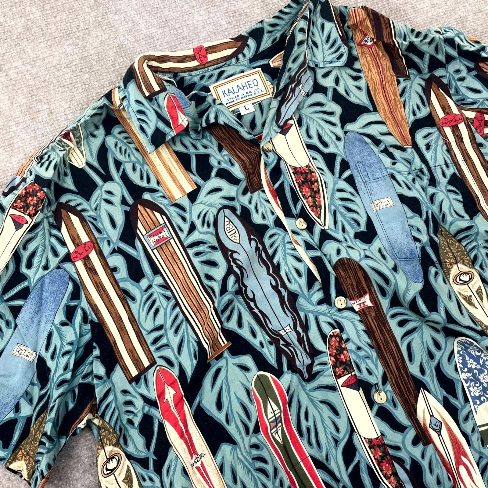 Kalaheo Hawaiian Shirt Mens Large Blue Surfboard Aloha Short Sleeve Button Up