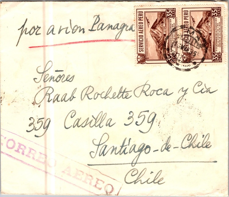 1935 Lima Peru Hotel Bolivia Via PANAGRA Airmail Cover To Santiago Chile