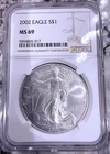 2002 $1 American Silver Eagle NGC MS69 Brown Label Encapsulated Beautiful Luster