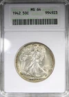 1942 Walking Liberty Half Dollar ANACS MS64 Soapbox Holder Rim Toned