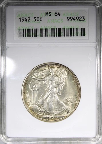1942 Walking Liberty Half Dollar ANACS MS64 Soapbox Holder Rim Toned