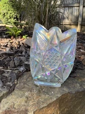 Vintage Glass L.E. Smith Iridescent Vase Hobstar Pattern 5"