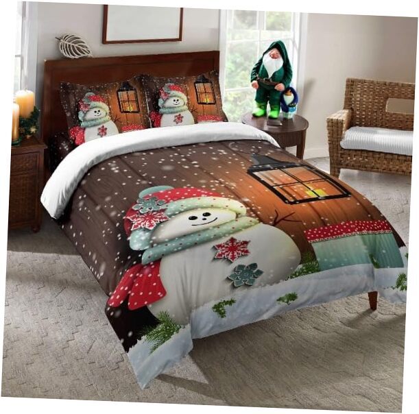 Christmas Comforter Sets Size,Snowman with Santa Hat 3 Piece Queen Red Brown