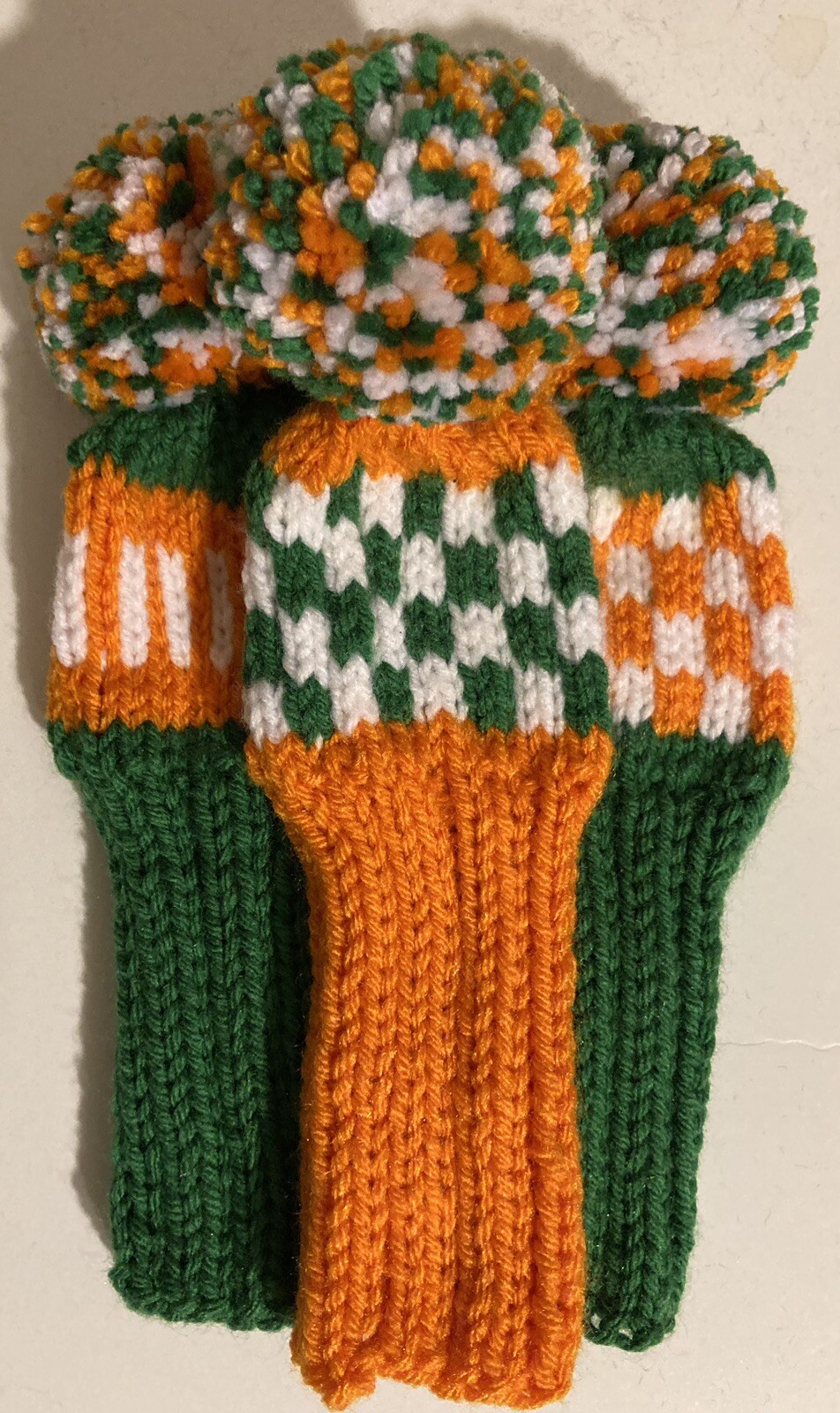 3 HOMEMADE HAND KNIT 8INCH HYBRID GOLF HEAD COVERS ORANGE WHITE GREEN