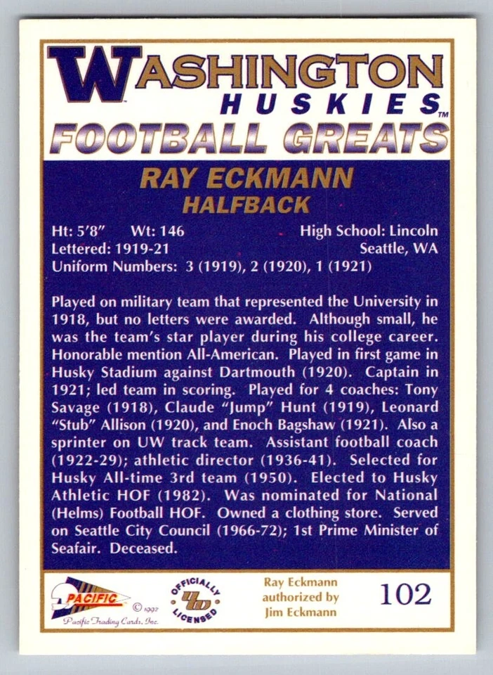 1992 Pacific Washington Huskies Football Greats - Ray Eckmann #102 (RC) - Image 2 of 2