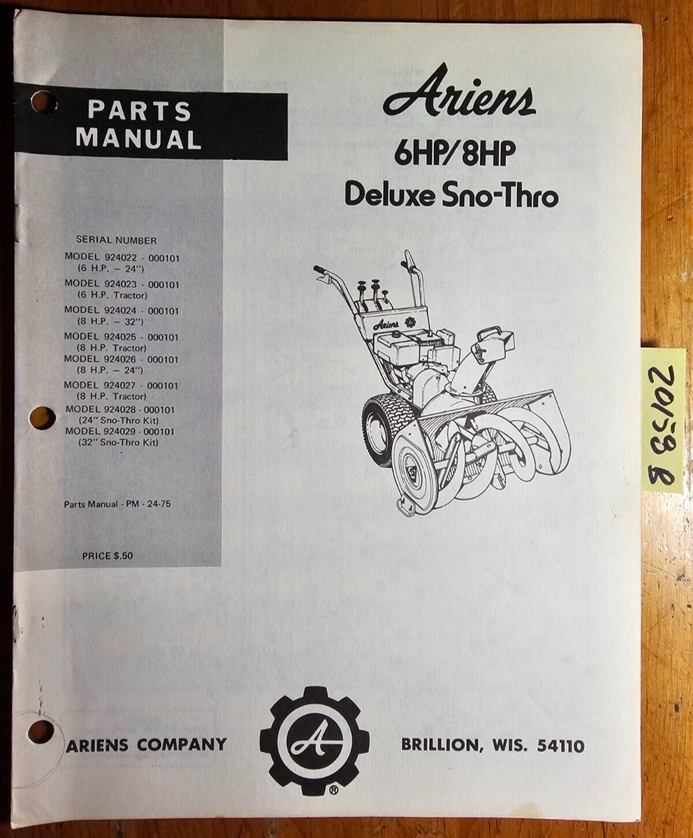 Ariens 6 8 HP Deluxe Sno-Thro Snowthrower 924022-924029 Parts Manual  PM-24-75 | eBay