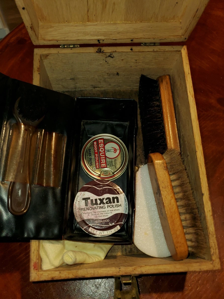 Vintage Kiwi Shoe Shine Kit Wooden Box w Brushes Assesories