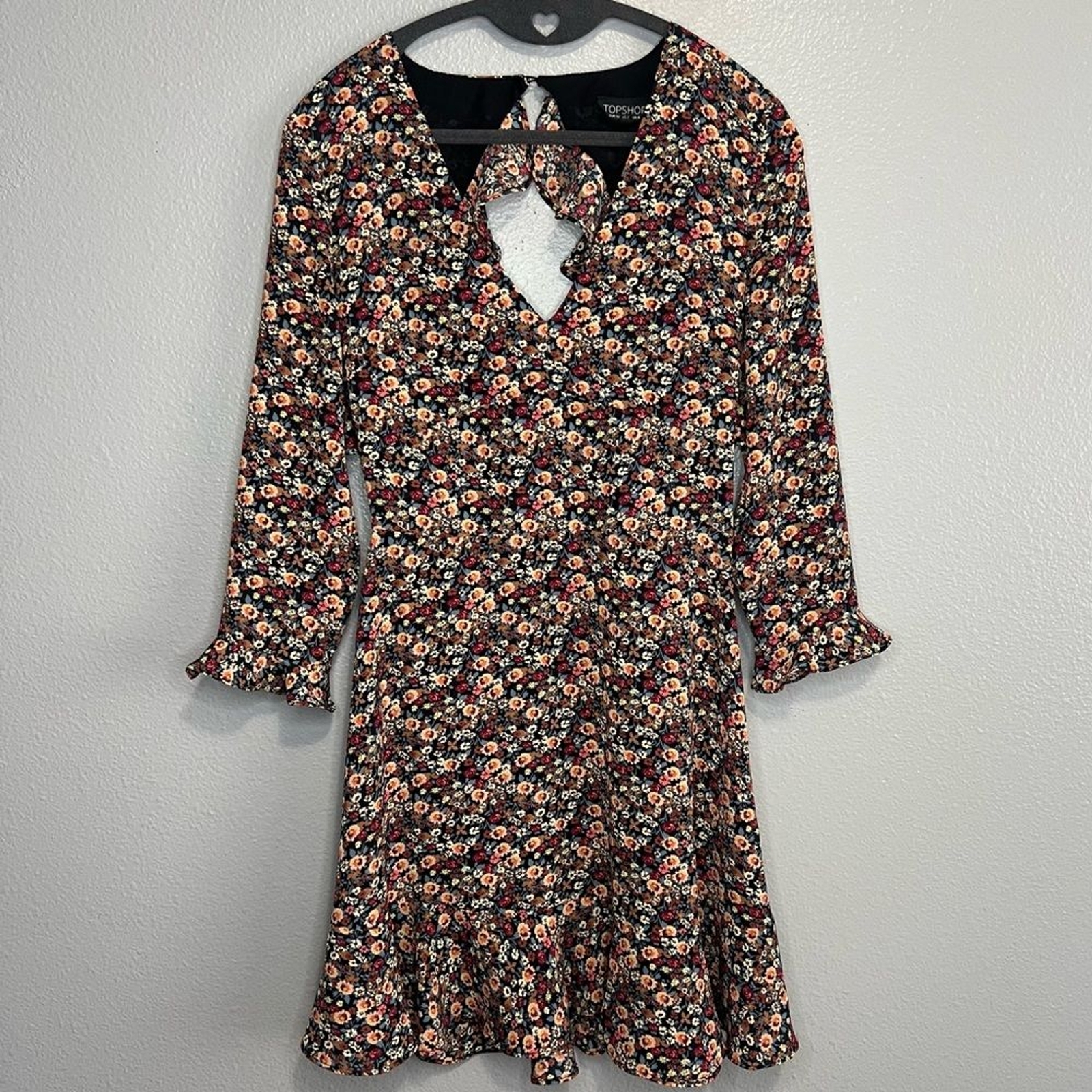 TOPSHOP Women's Sz 2 Dainty Floral Mini Dress Open Back Ruffles Twee Flirty