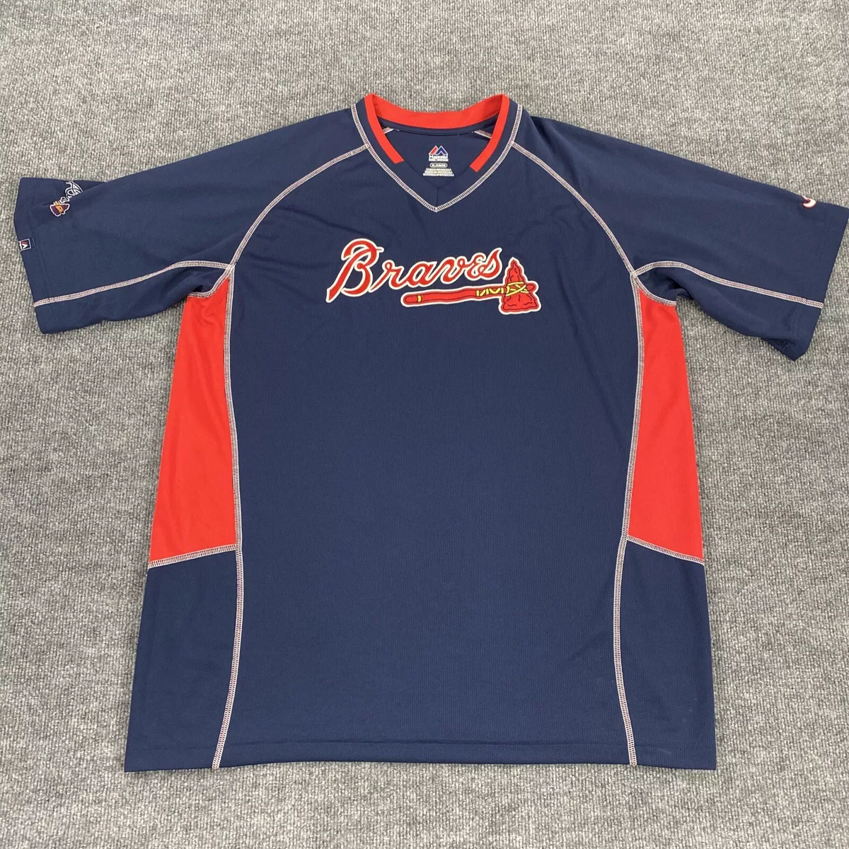 Majestic MLB Mens Atlanta Braves Shirt Short Sleeve V Neck Size XL