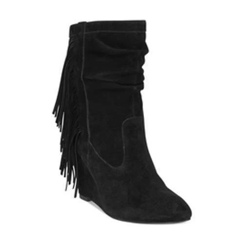INC Everleeh Fringe Wedge Pointed Toe Slouch Suede Boots Booties Black 8.5 M