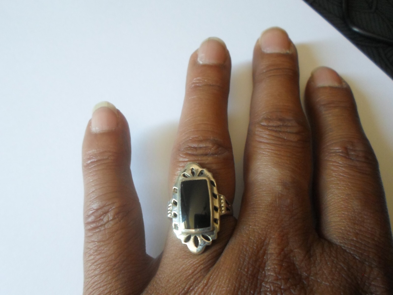 solid silver ring, onyx rectangle, openwork outli… - image 2