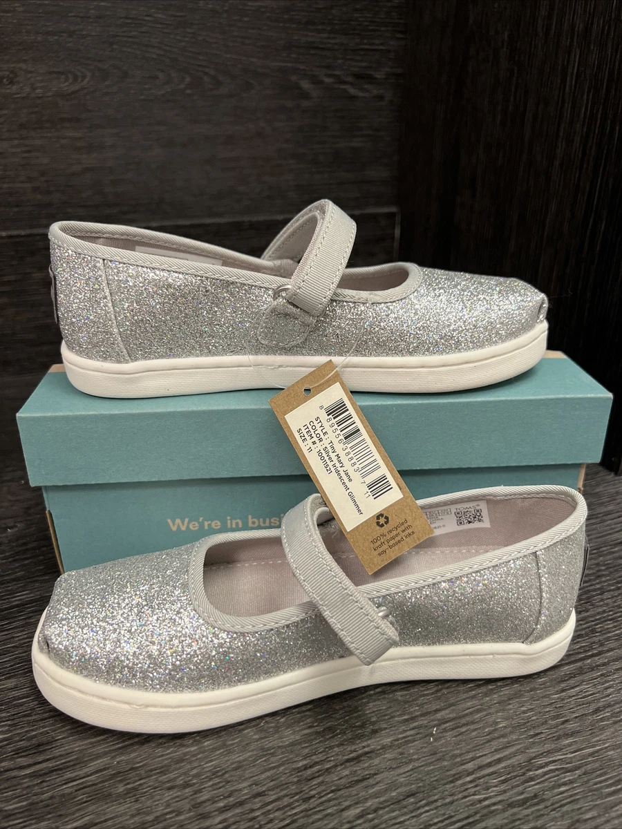 NEW Toms Tiny Mary Jane Flats Kids Size 11 Silver Iridescent