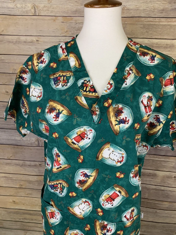 Crest Cotton Womens Small Scrub Top Christmas Snowglobe Print Holiday Unisex - Image 3 of 4