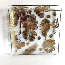 Vintage Gay Fad Gold Bent Glass Plate Dish 7.5” Square MCM Floral Acorn Metallic