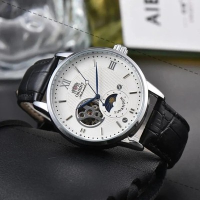 Sun & Moon Semi Skeleton Automatic Watch Men's Leather Strap Luxury Gift
