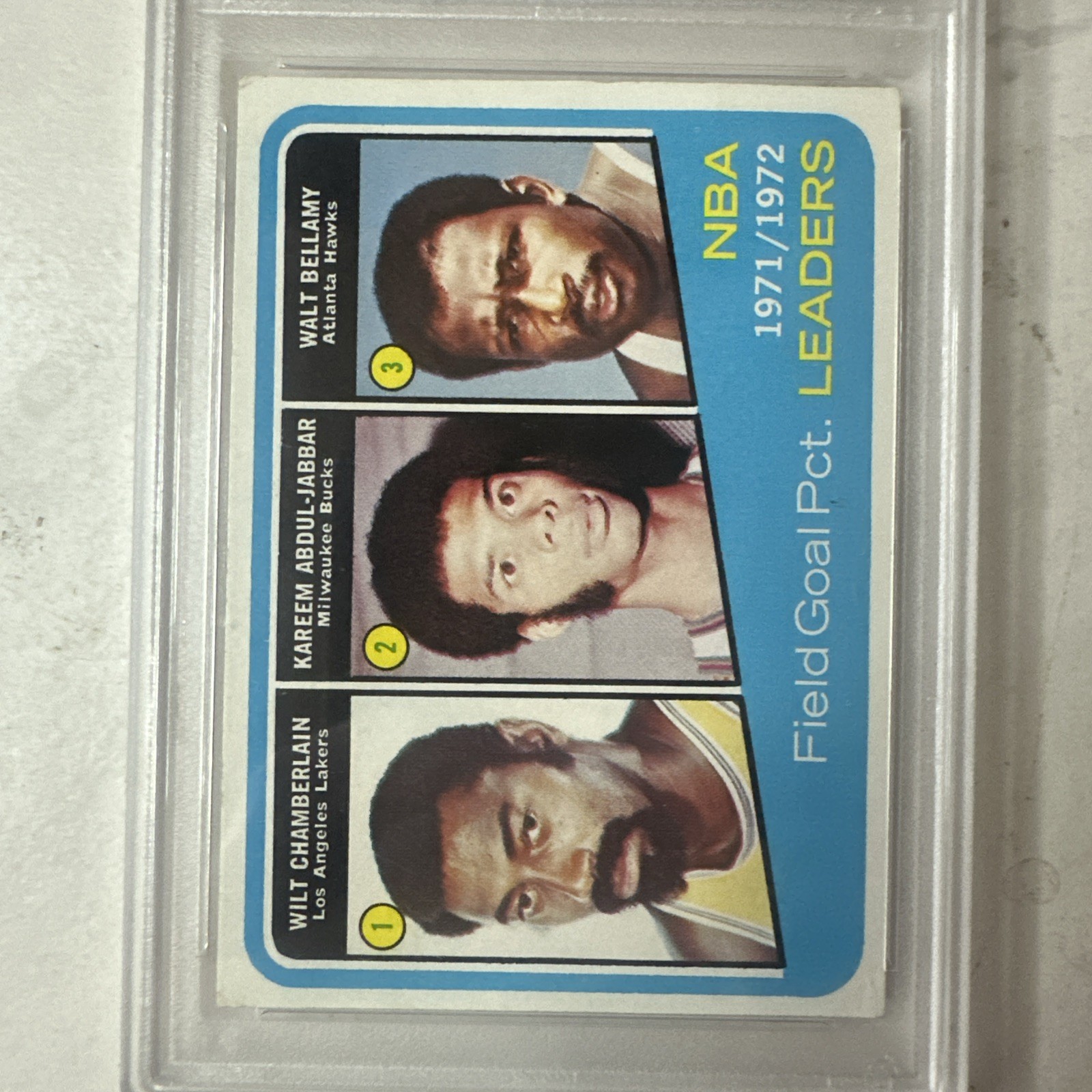 1972 TOPPS #173 NBA FG PCT. LEADERS, Wilt, Kareem, Walt POP10! PSA view 2