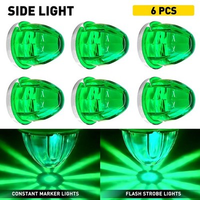 6X Green LED Watermelon LightsSide Marker Truck Trailer Chrome Housing 12-24V EA